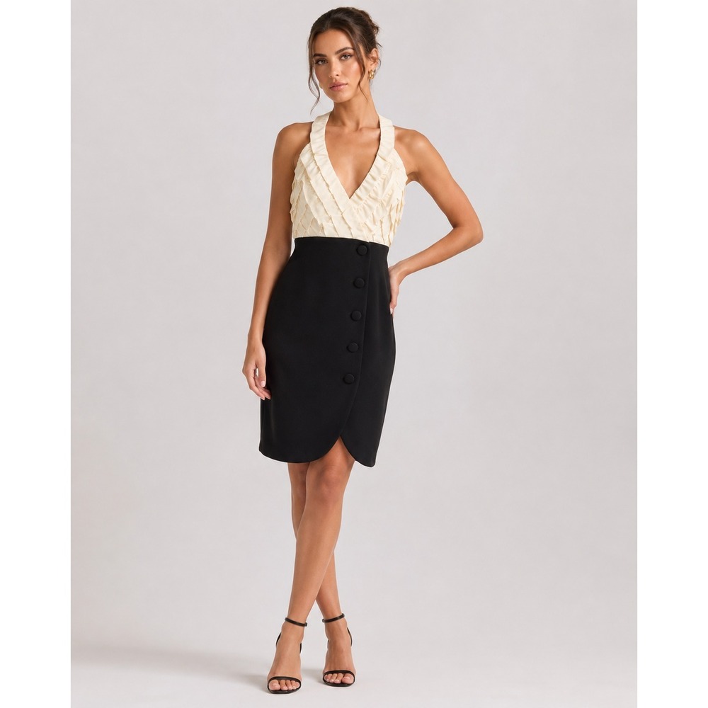Tibi New York Dress Womens 4 Black Cream Silk Wool Parisian Chic Quiet Luxury